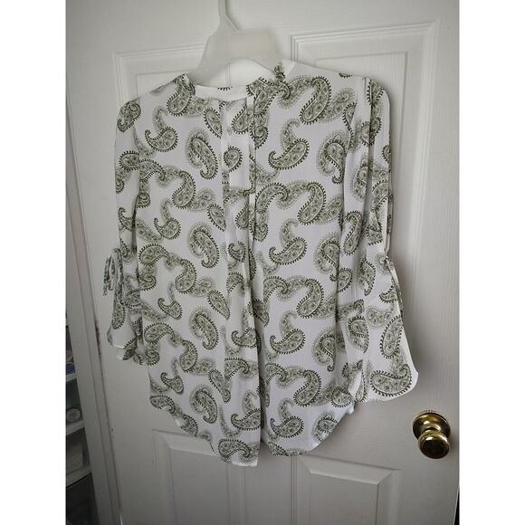 41Hawthorn Green White Paisley V Neck Belle Flare Tie Sleeves Sheer. Size M - Picture 11 of 11